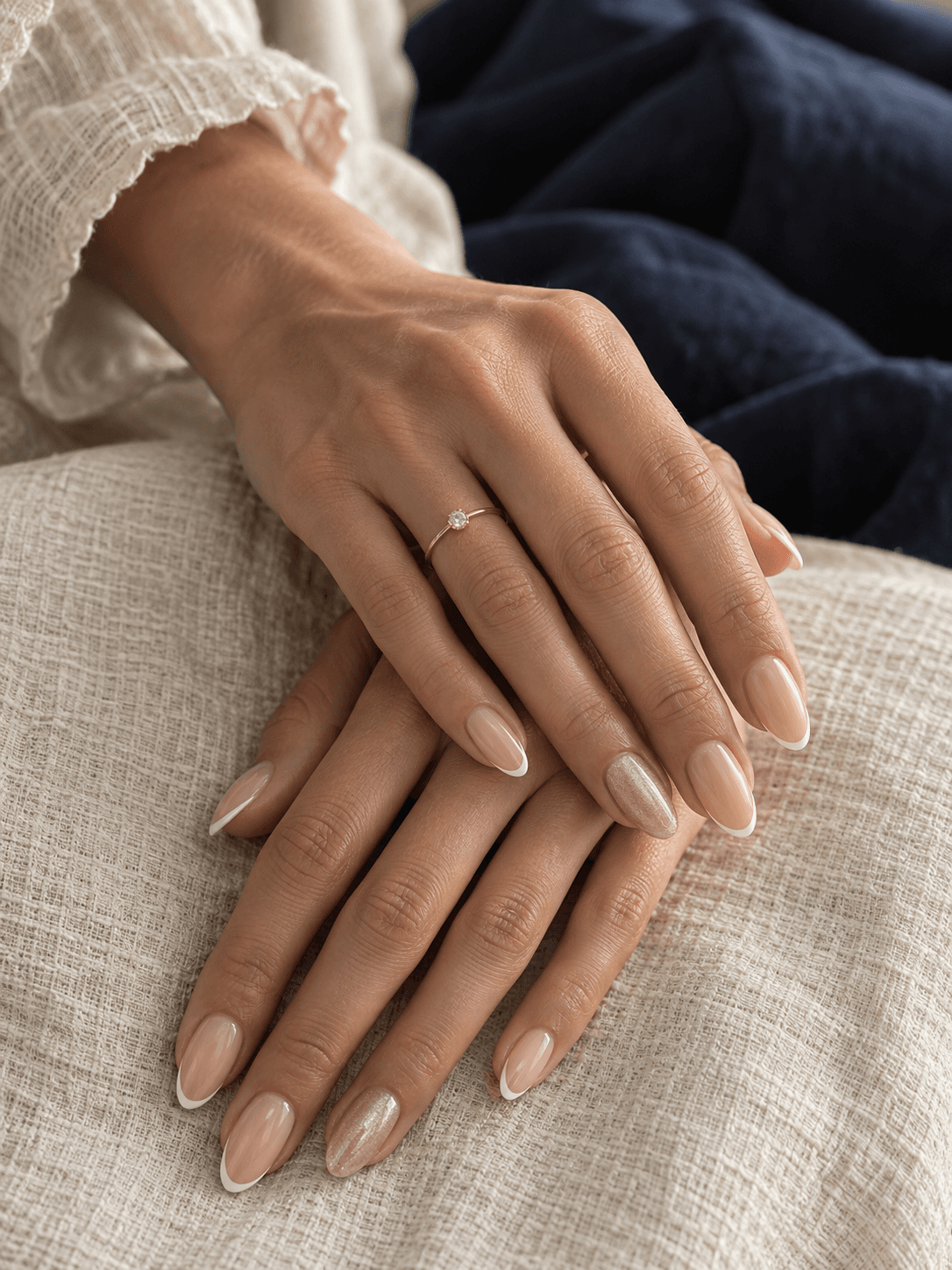 Imagen editorial de una manicura francesa en tonos naturales y dorados